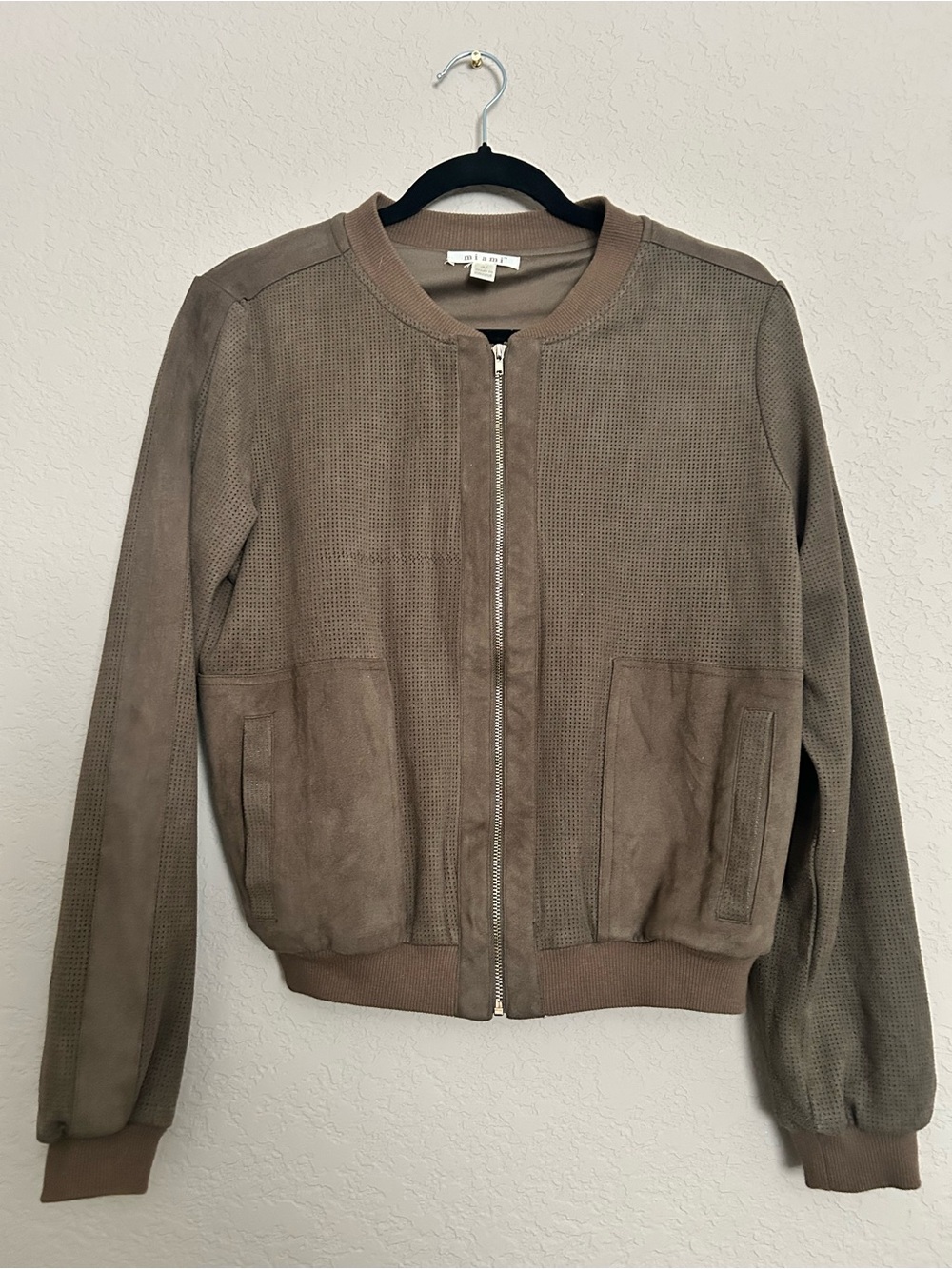 Perforated Faux Suede Bomber Jacket size medium — olive green/taupe color